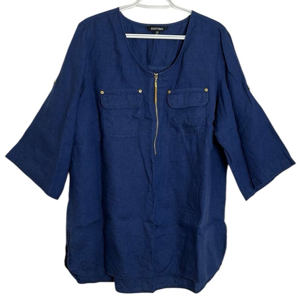 Ellen Tracy Size 1X Navy Blue 100% Linen Roll Tab Sleeve Top